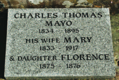 A plaque is now attached to the Mayo grave to record the details of the dates relating to Charles Mayo, his wife Mary, and their daughter Florence. 2014.