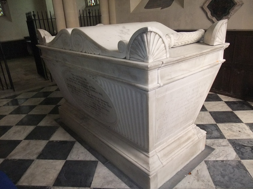 In Pevsner's book on Wiltshire buildings, the tomb is described as follows: 'A large white Grecian sarcophagus in the Methuen family chapel on the north side of the church'