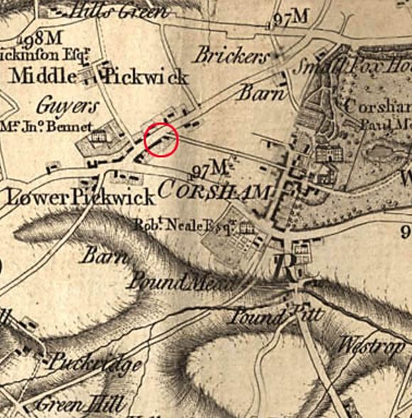 The 1773 Drury Map is the earliest known to show the existence of 12 Pickwick within the red circle although the individual buildings cannot be discerned.  