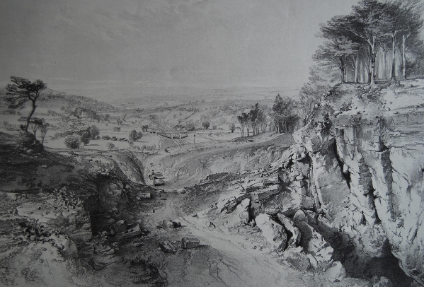 The view from Box Hill overlooking the village and the railway towards Middle Hill tunnel.  Engraving by John Bourne 1846.