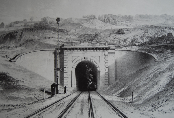 Train emerging from Box Tunnel, an engraving by John Bourne in 1846. Note the early signal on the right with its own ‘signalman’.