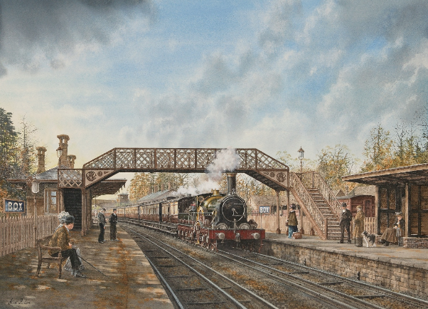 A broad gauge express from Bristol to Paddington powering through Box station in 1890.  Note the footbridge, which wasn’t provided until 1884 after a number of passengers had been killed crossing the line after alighting from their train.  The first station building was a temporary wooden structure and the stone building shown here wasn’t constructed until 1857.  The engine is a member of the ‘Rover’ class named ‘Balaklava’, built in 1871 and scrapped at the end of the broad gauge in 1892. The water colour is by the celebrated artist Sean Bolan and appears here by kind permission of the Great Western Society and the artist.