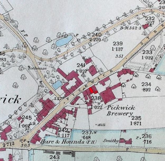 1886 Ordnance Survey 1st Edition, the first Ordnance Survey map and in colour. This map shows the development of the Pickwick Brewery to the east of 12 Pickwick. The house is shown in bright red and the kitchen block [also in bright red] is clearly separate from the malthouse building.