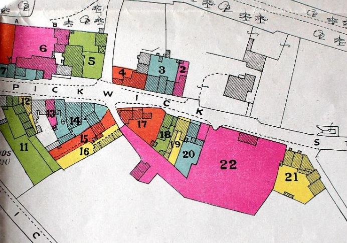 The 1947 Map of Pickwick for the Goldney Sale. The 12 Pickwick lot is numbered 20. The structure to the right of the house at the back is the kitchen block and the area in red above is the adjoining malthouse building demolished in 1953