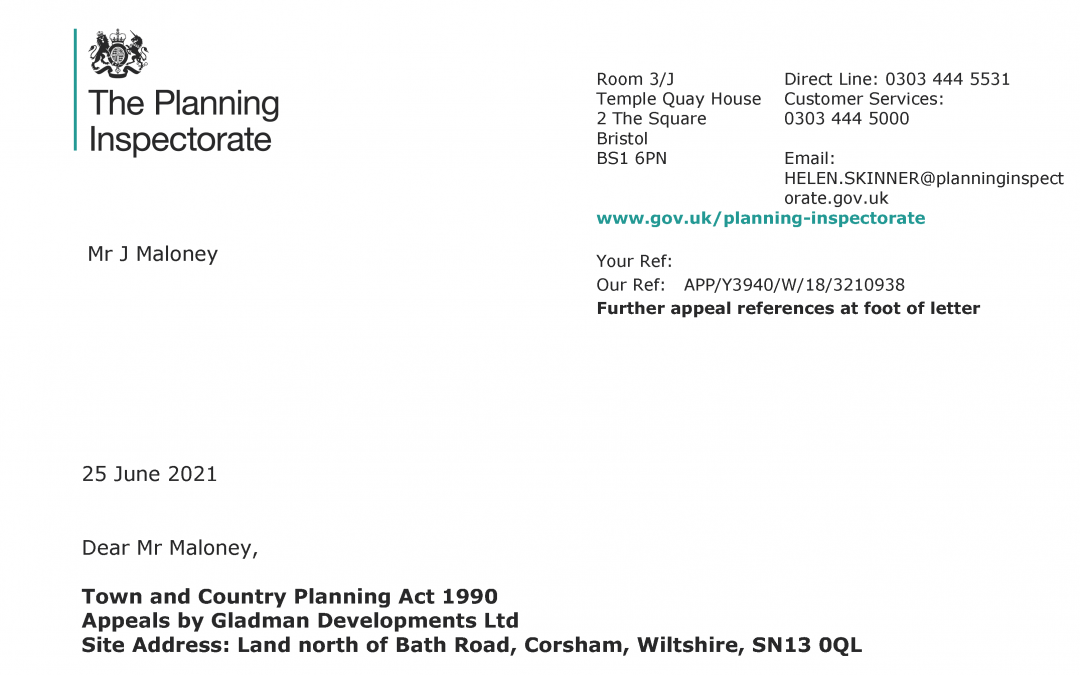 Decision to dismiss the appeals by Gladman concerning Bath Road proposals